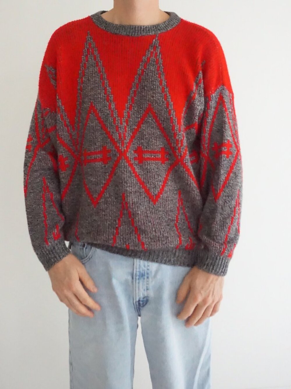 Vintage Bel'Ami Red Grey Geometric Diamond Southwestern USA Made Knit Sweater XL